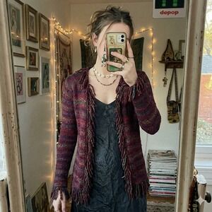 Too Hot Open Front Cardigan Womens Burgundy Fringe Vintage Y2K Boho
